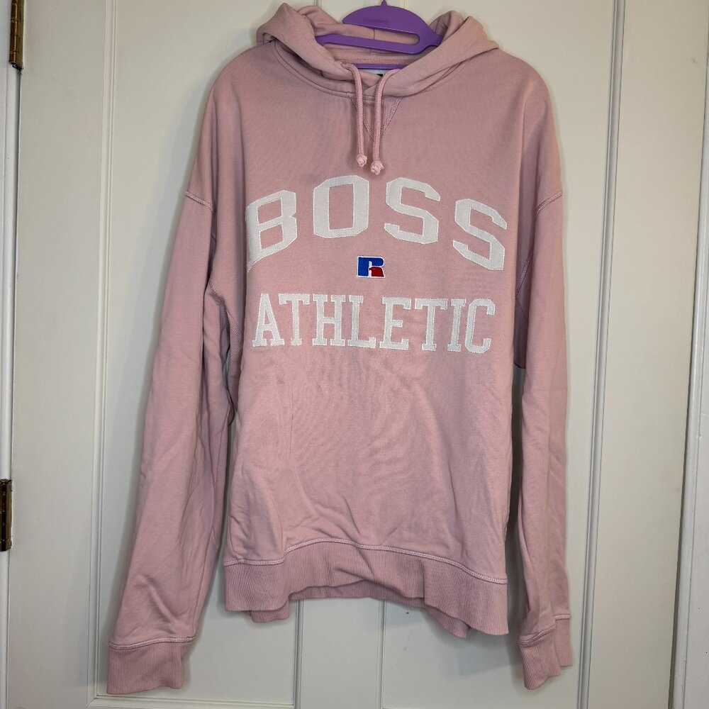Hugo Boss Russell Athletic Mens Hooded Sweatshirt 90s Salmon Pink Size Large